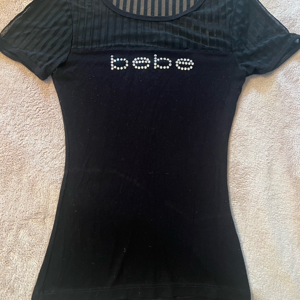 Bebe Black Sheer Striped Tee with Embellished Logo